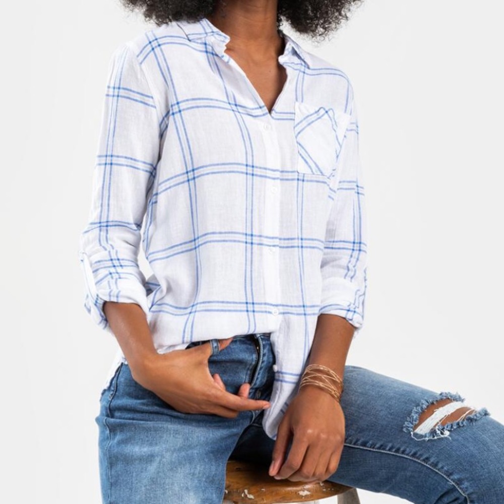 White and blue plaid/flannel button down top NEW